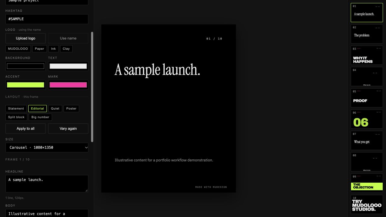 Actual MUDESIGN beta editor with clearly labeled sample content.